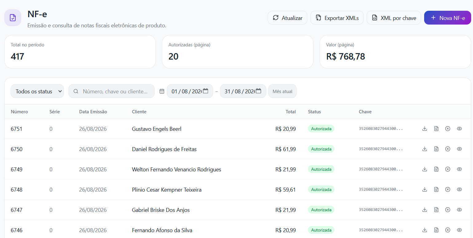 Tela de emissão de nota fiscal eletrônica do sistema